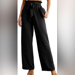 Iwollence Black Wide-Leg Women's Pants With Tie Waist‎